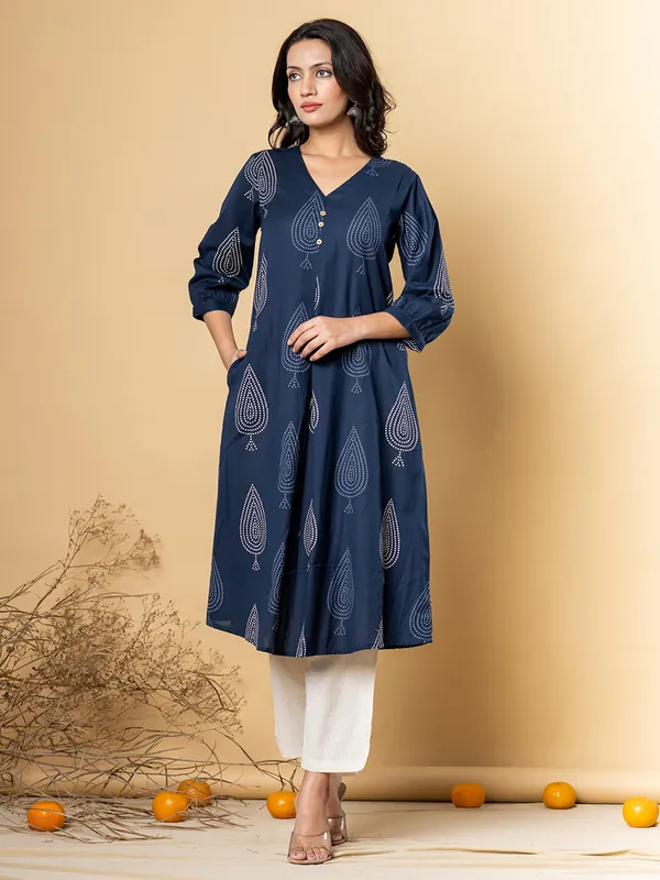 Navy cotton cotton silk printed kurti set for women