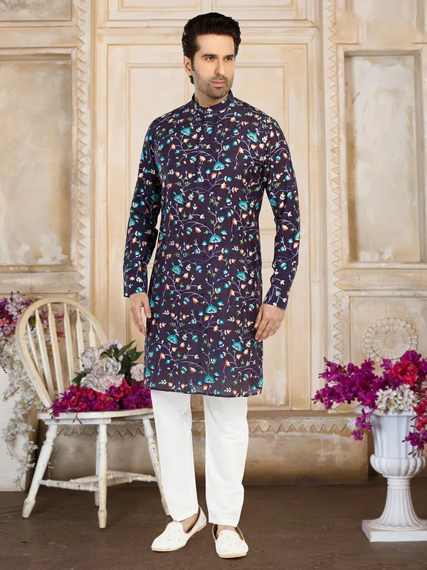 Navy cotton embroidery  Men Kurta pajama