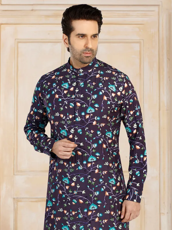 Navy cotton embroidery  Men Kurta pajama