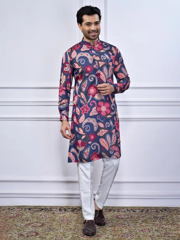 Navy cotton festival wear printed kurta suit