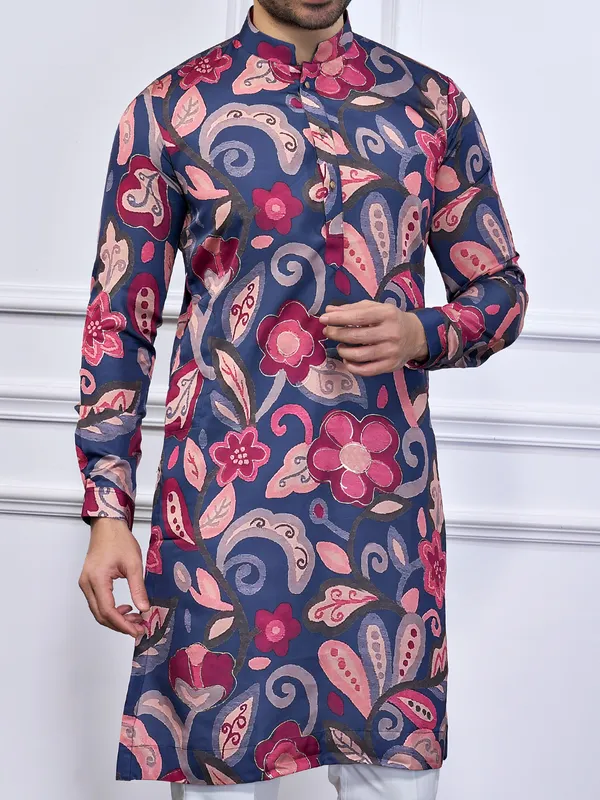 Navy cotton festival wear printed kurta suit