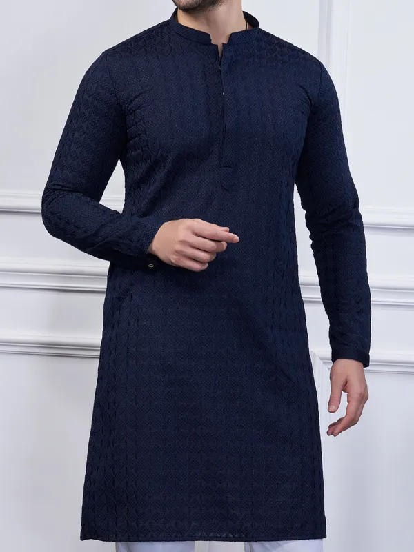Navy cotton kurta suit with embroidery for mens