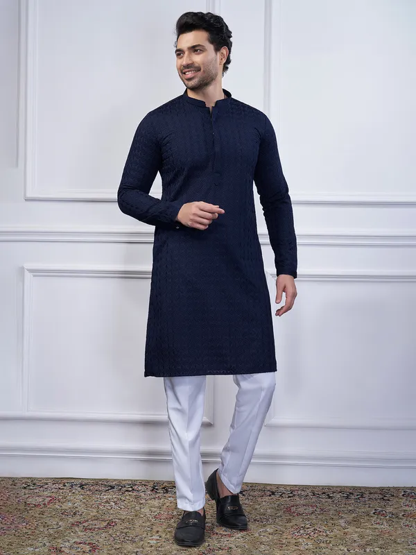 Navy cotton kurta suit with embroidery for mens