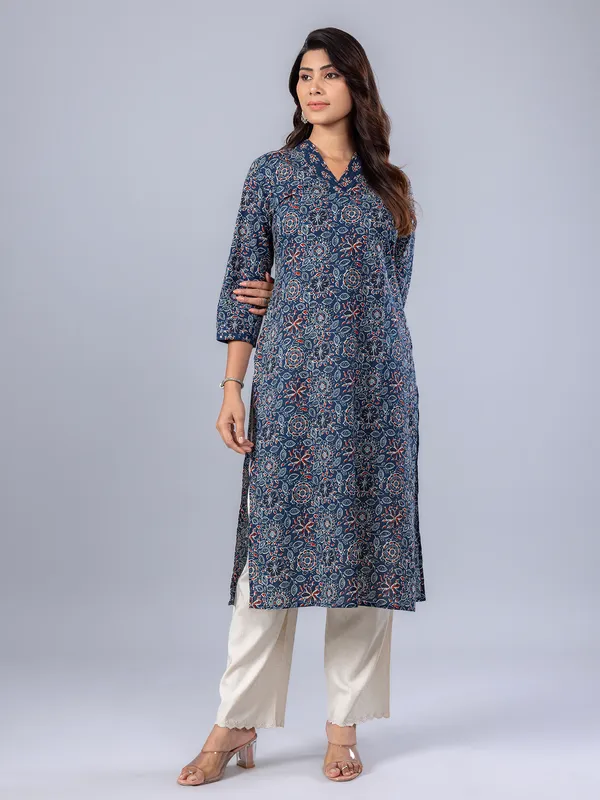Navy cotton printed casual wear kurti for women