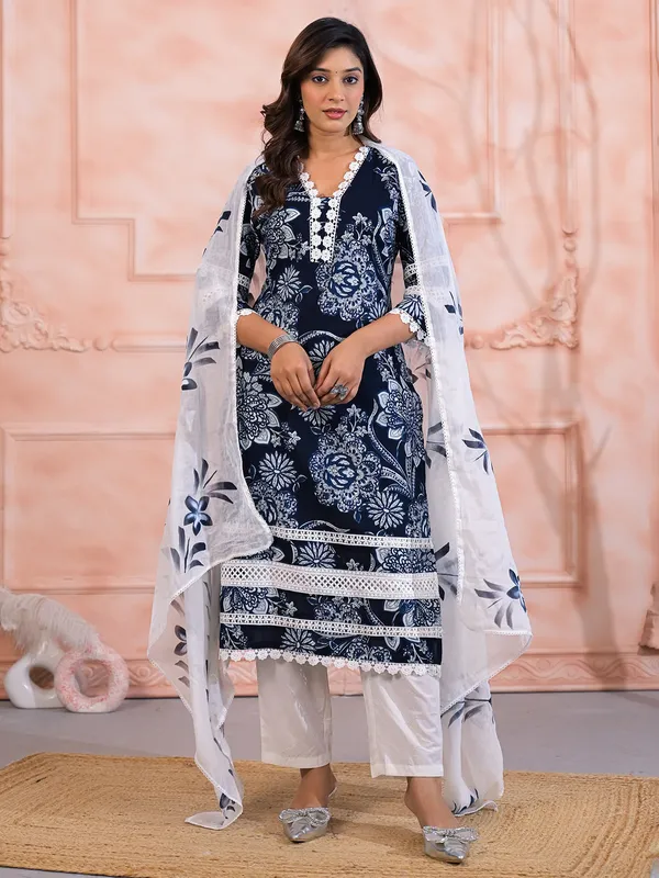 Navy cotton printed kurti set for festival