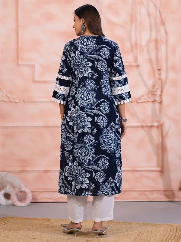 Navy cotton printed kurti set for festival