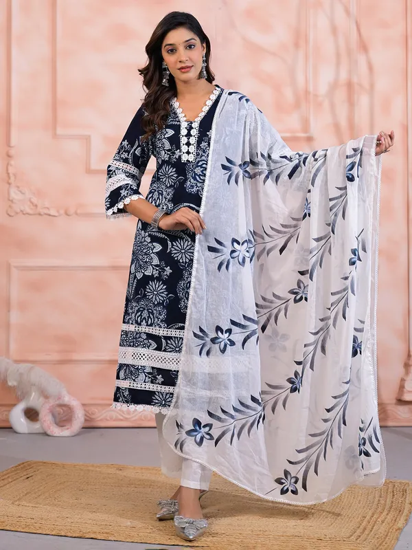 Navy cotton printed kurti set for festival