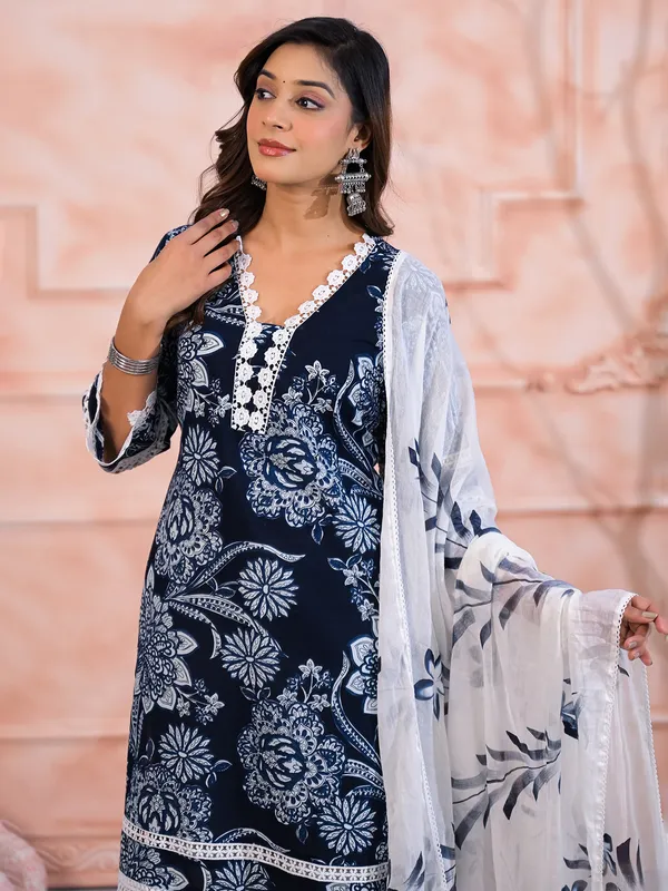 Navy cotton printed kurti set for festival