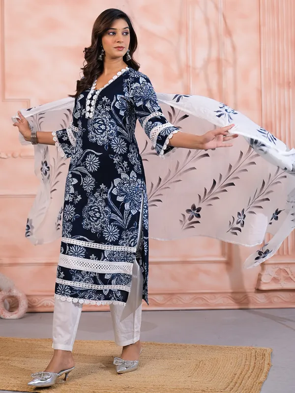 Navy cotton printed kurti set for festival