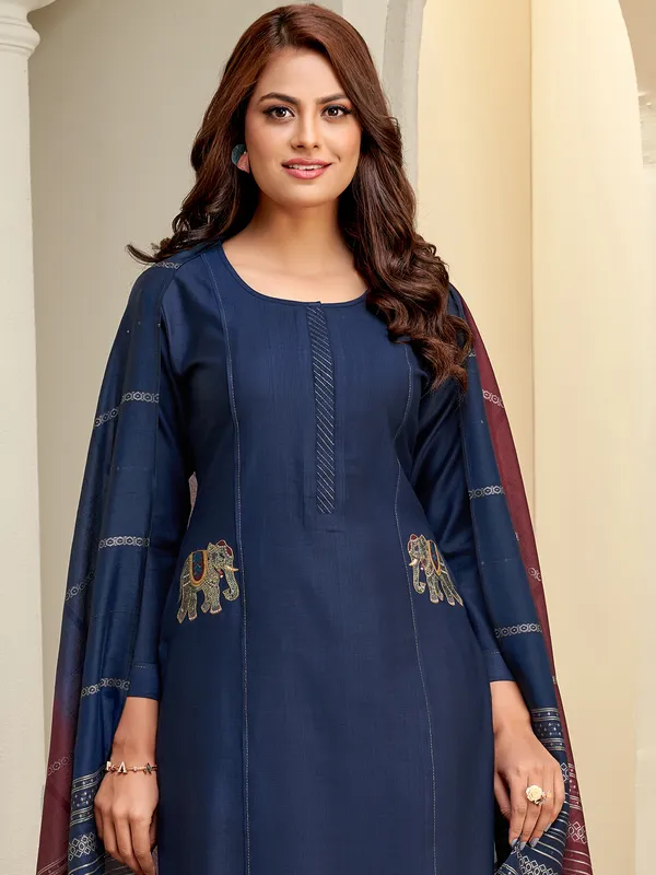 Navy cotton silk embroidered salwar suit