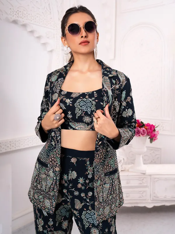 Navy cotton silk jacket style palazzo suit