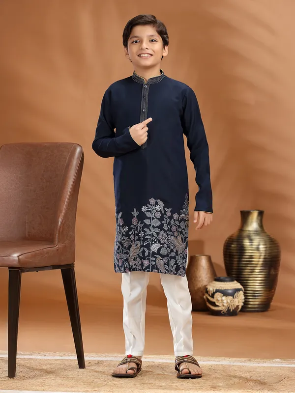 Navy cotton silk kurta pajama