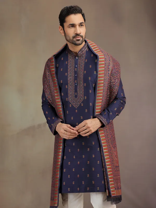 Navy cotton silk kurta pajama with dupatta