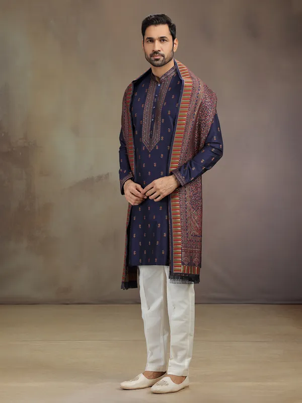 Navy cotton silk kurta pajama with dupatta