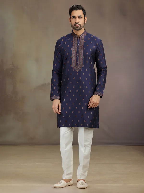 Navy cotton silk kurta pajama with dupatta