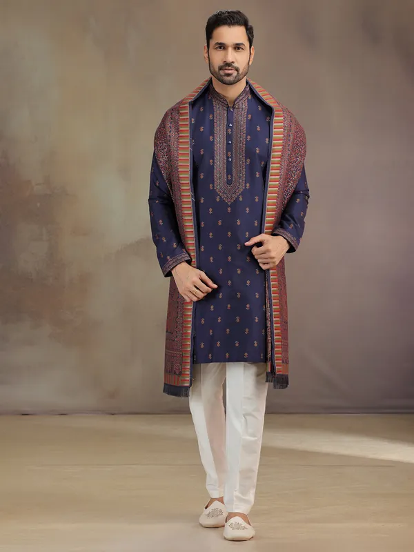 Navy cotton silk kurta pajama with dupatta