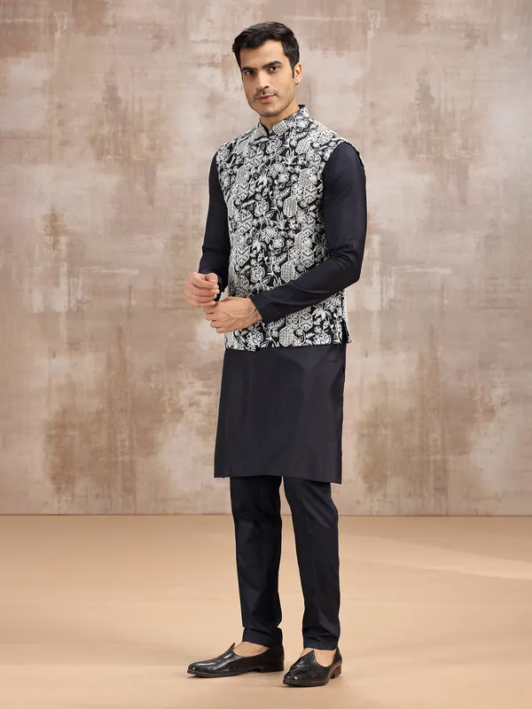 Navy cotton silk mens waistcoat set for wedding