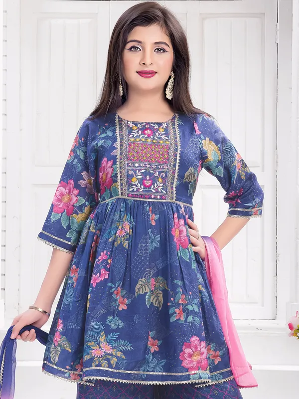 Navy cotton silk palazzo suit with aabla work