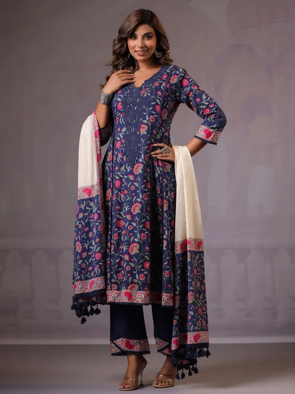 Navy cotton silk printed kurti set for women