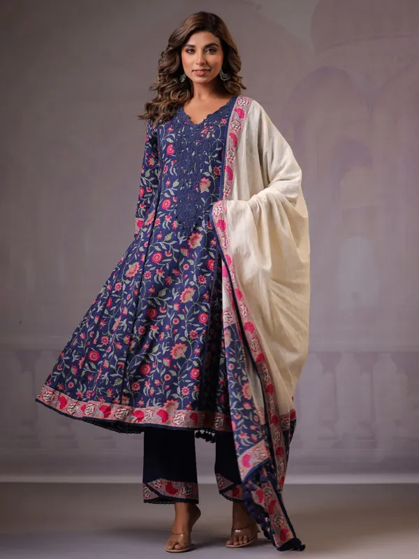 Navy cotton silk printed kurti set for women