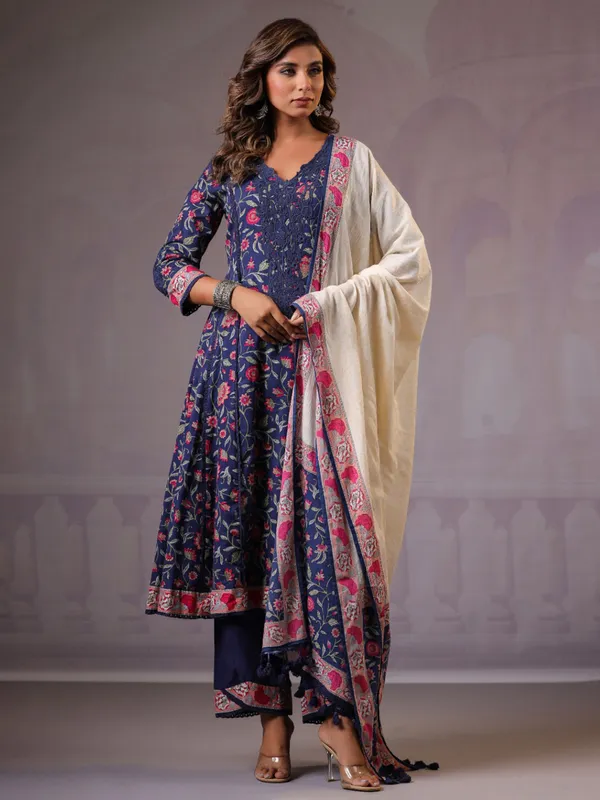 Navy cotton silk printed kurti set for women