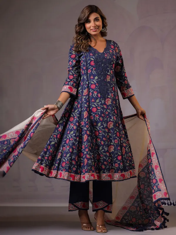 Navy cotton silk printed kurti set for women
