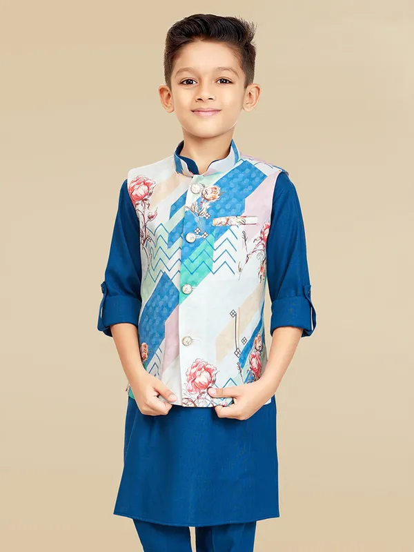 Navy cotton silk printed waiscoat set for boys