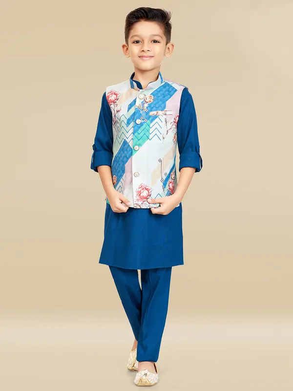 Navy cotton silk printed waiscoat set for boys