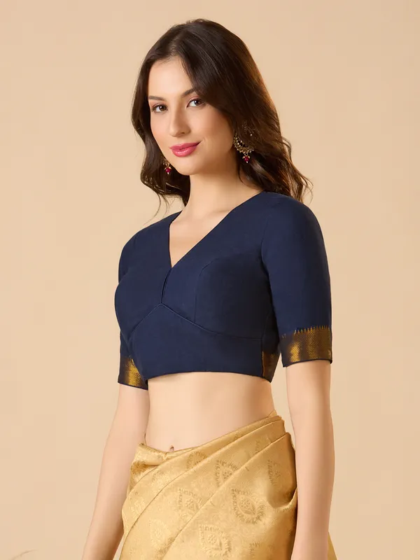 Navy cotton solid blouse with V neck and elbow sleeves