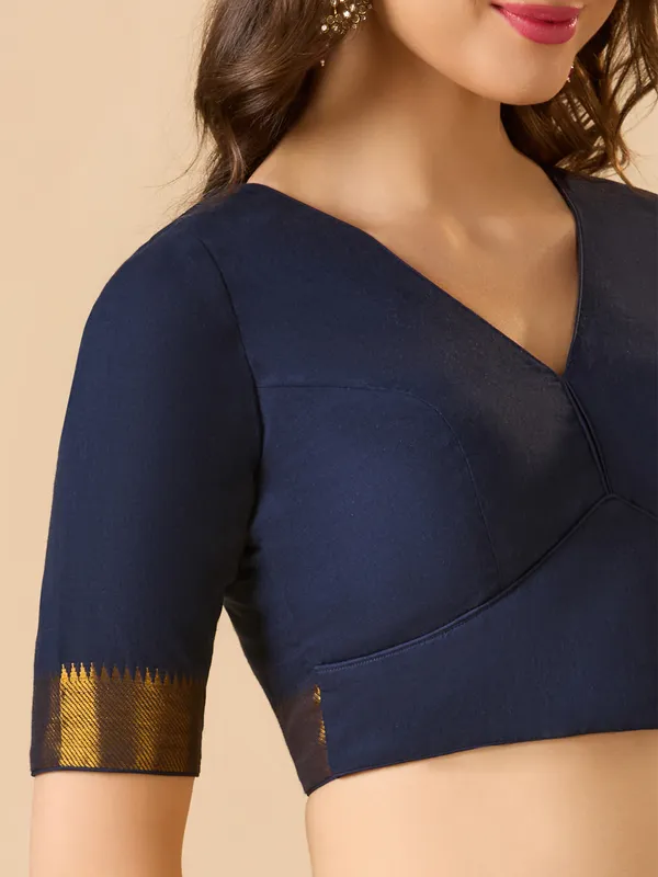 Navy cotton solid blouse with V neck and elbow sleeves