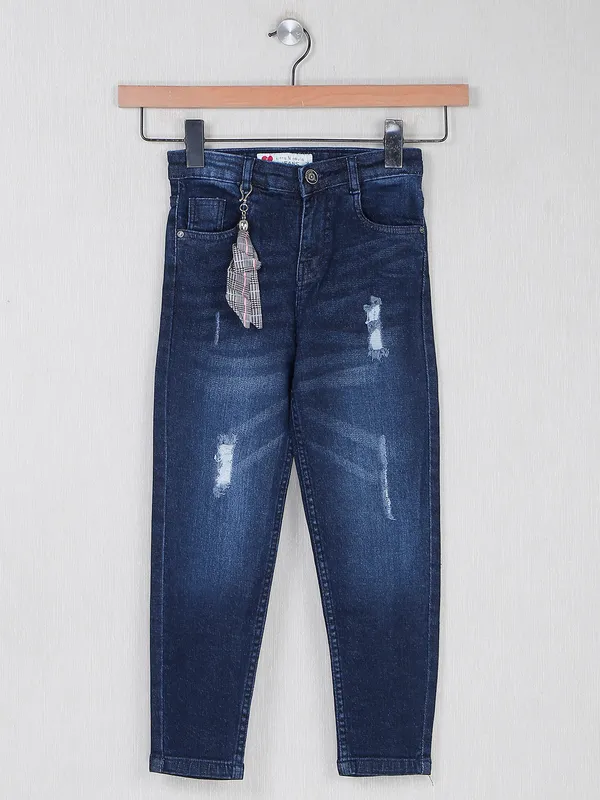Navy denim washed and ripped style jeans