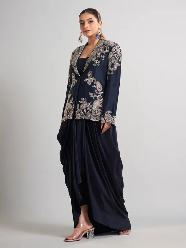Navy designer indo western jacket style ensemble