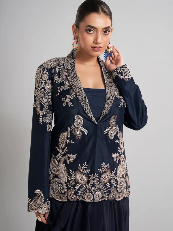 Navy designer indo western jacket style ensemble