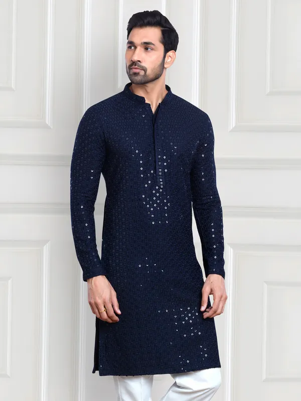 Navy embroidery kurta with peshawari dhoti