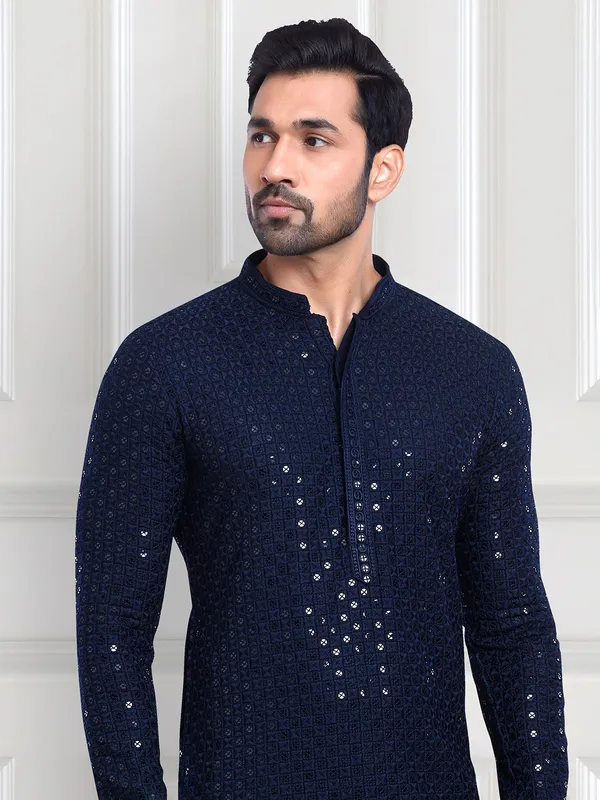 Navy embroidery kurta with peshawari dhoti