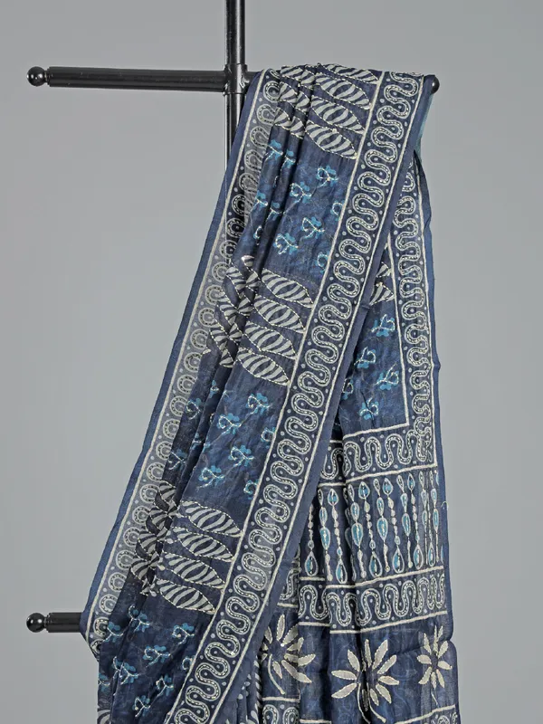 Navy festive wear semi cotton saree with print