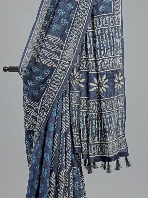 Navy festive wear semi cotton saree with print