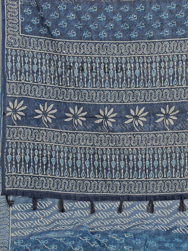 Navy festive wear semi cotton saree with print