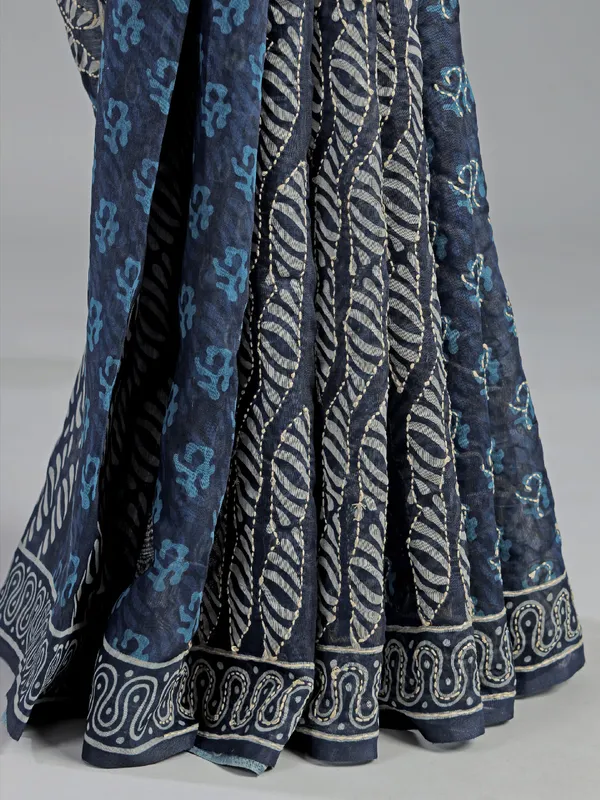 Navy festive wear semi cotton saree with print