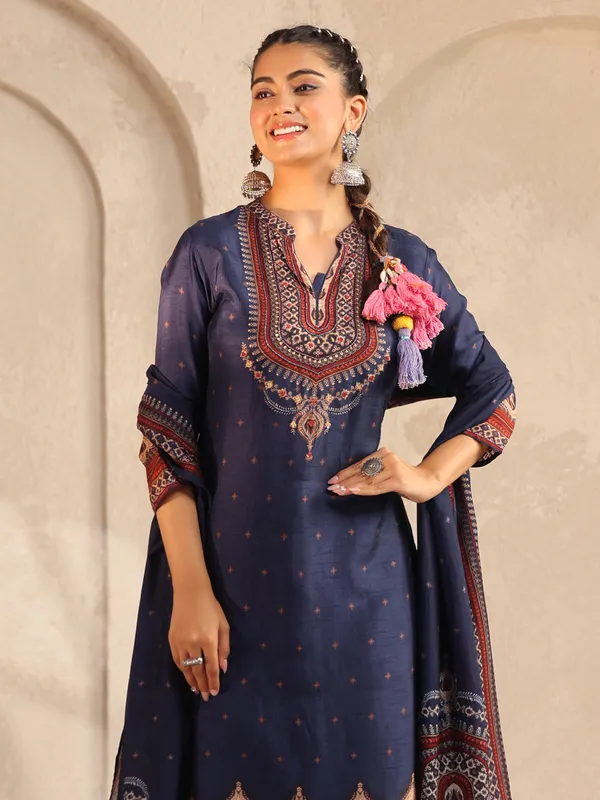 Navy festive wear silk salwar suit with print