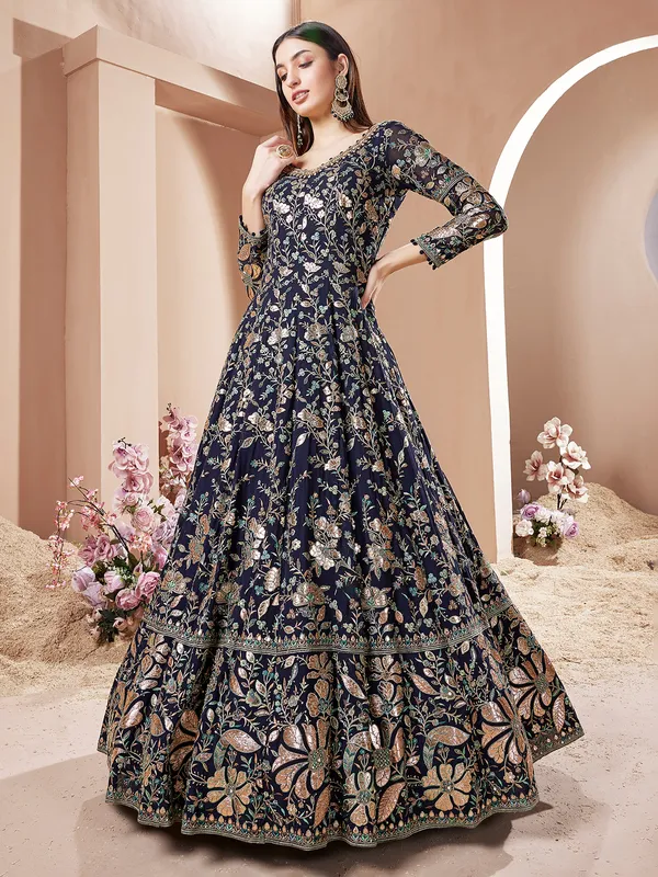 Navy floor length anarkali suit with embroidery work