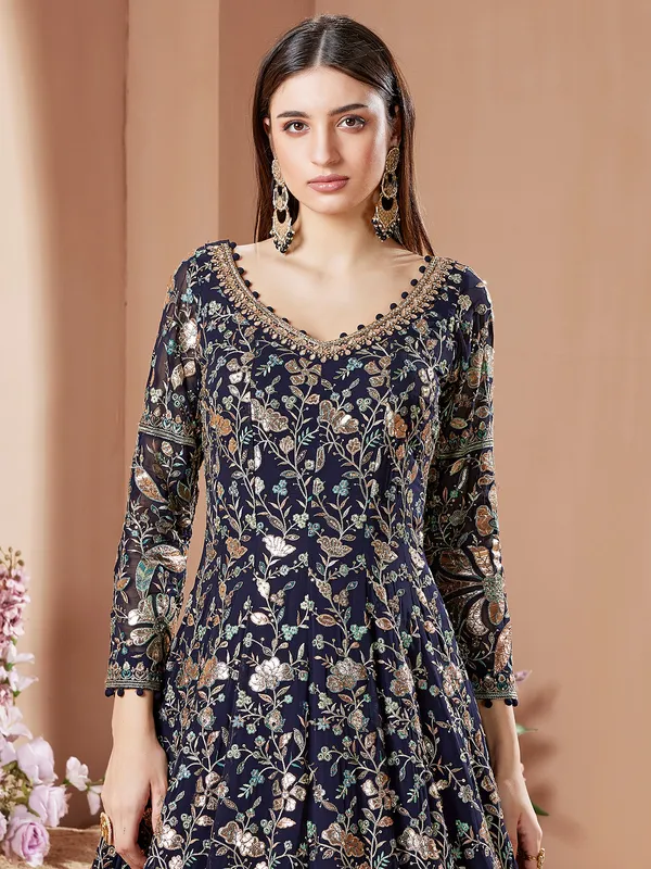 Navy floor length anarkali suit with embroidery work