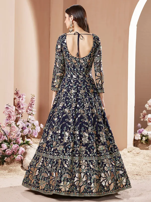 Navy floor length anarkali suit with embroidery work