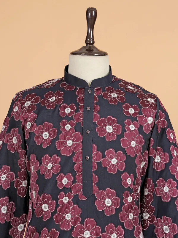 Navy floral printed cotton kurta pajama