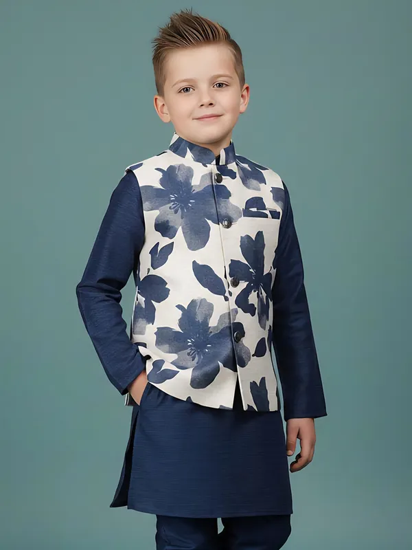 Navy floral printed cotton silk waistcoat set