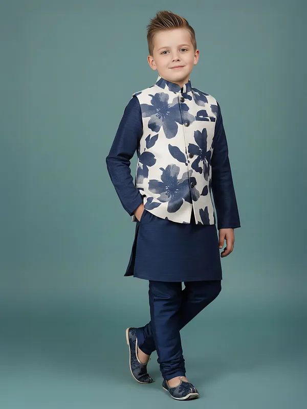 Navy floral printed cotton silk waistcoat set