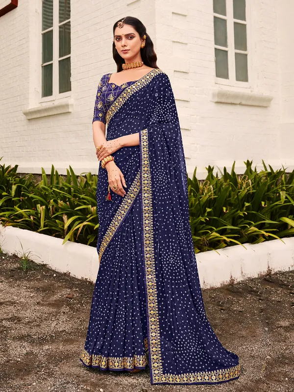 Navy georgette bandhej printed saree