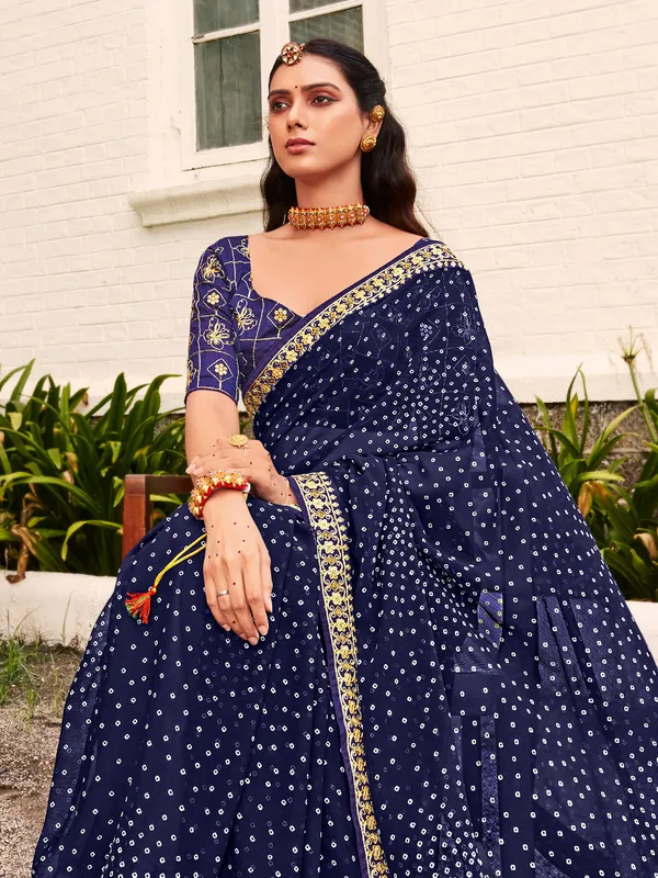 Navy georgette bandhej printed saree