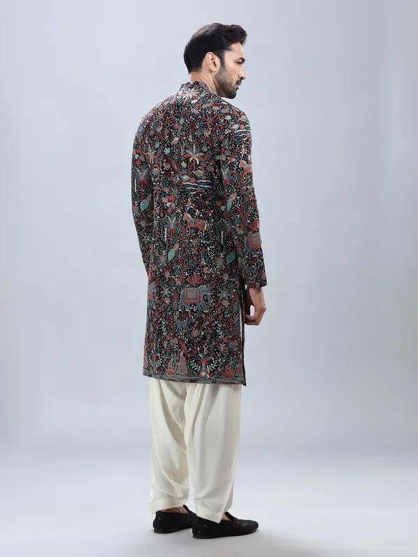 Navy georgette embroidery kurta set for men