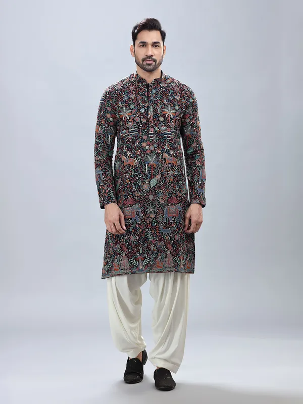Navy georgette embroidery kurta set for men